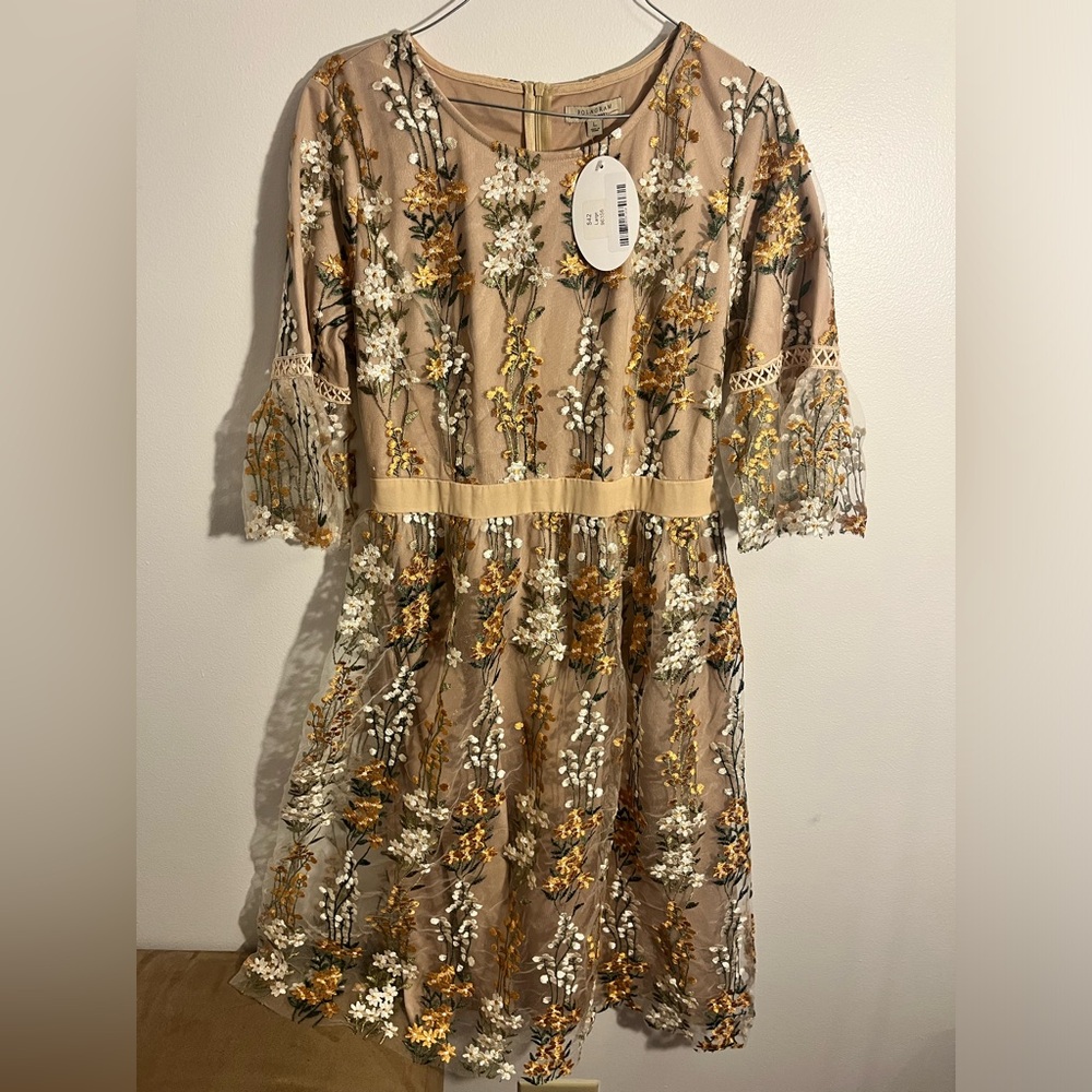 Polagram Beige Lace Midi Dress with White & Mustard Floral Embroidery
